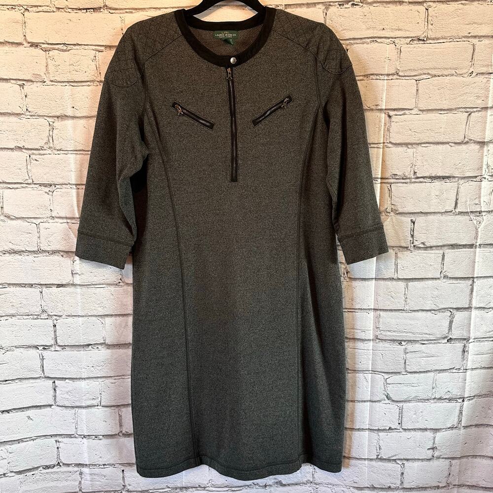 Preowned LRL Lauren Jeans Co Grey Cotton Quilted Shoulder Quarter Zip Dress Sz L